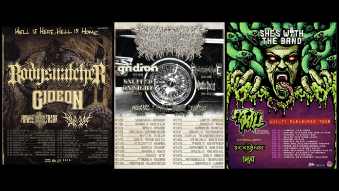 Tour Roundup August 4 2026 — Bodysnatcher, PeelingFlesh, Eyes Set to Kill tour posters Tour posters for Bodysnatcher, PeelingFlesh and Eyes Set to Kill side by side