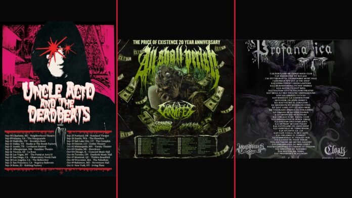 Tour Roundup June 8 2026 — All Shall Perish, Profanatica, Uncle Acid collage Tour Roundup June 8 2026 — All Shall Perish, Profanatica and Uncle Acid tour poster collage