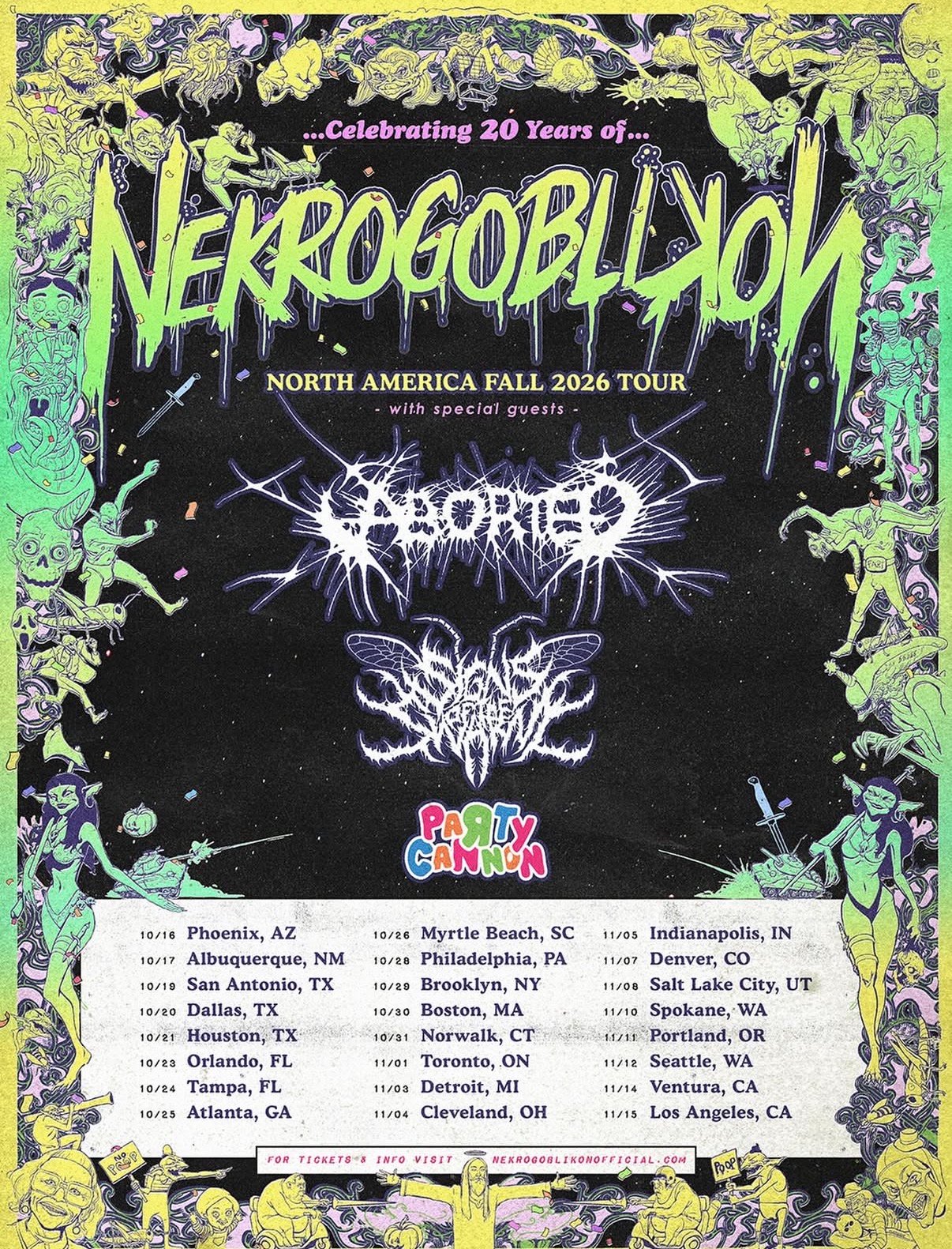 Nekrogoblikon 20th anniversary fall 2026 North American tour poster with Aborted, Signs of the Swarm, Party Cannon