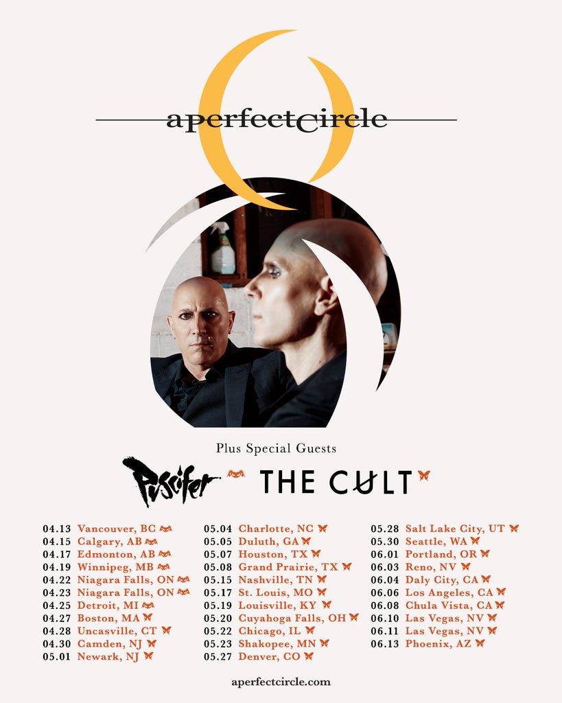 A Perfect Circle 2027 North American tour poster with Puscifer and The Cult, listing all dates from April 13 to June 13