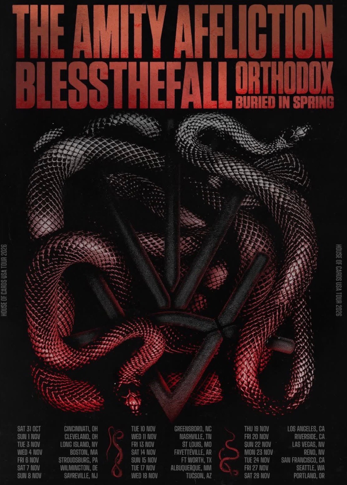 The Amity Affliction House of Cards USA Tour 2026 poster with Blessthefall, Orthodox and Buried In Spring