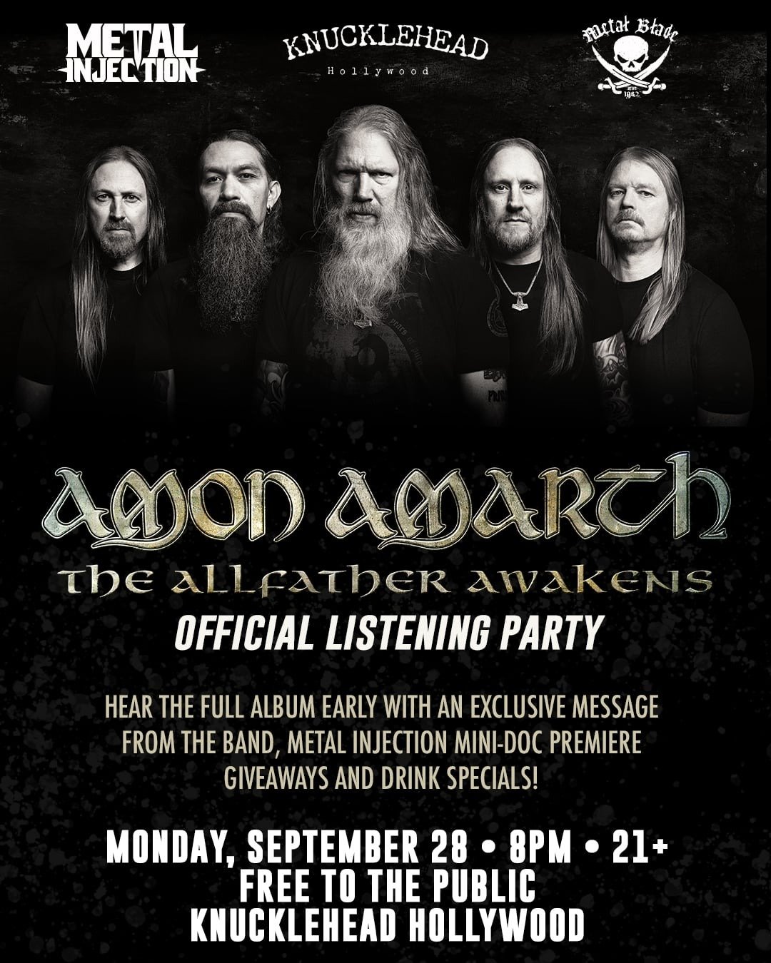 Amon Amarth The Allfather Awakens official listening party flyer, Metal Injection, Metal Blade Records, and Knucklehead Hollywood, Monday September 28, 8 PM, 21 and up, free to the public