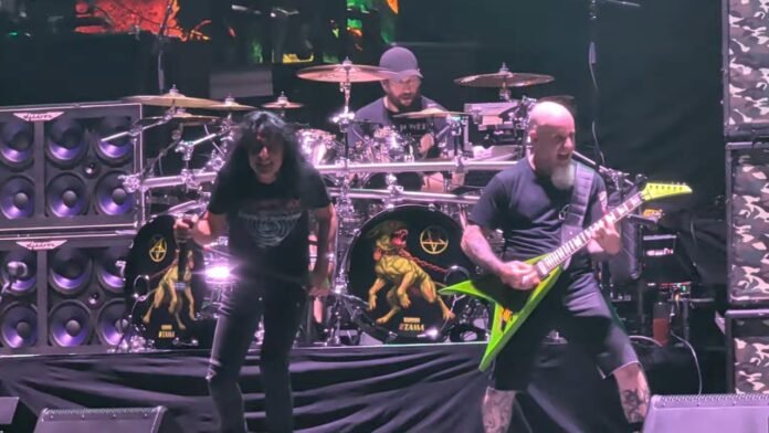 Mike Heller drums for Anthrax at the Alamodome Mike Heller drumming for Anthrax behind Joey Belladonna and Scott Ian at the Alamodome in San Antonio, September 29 2026
