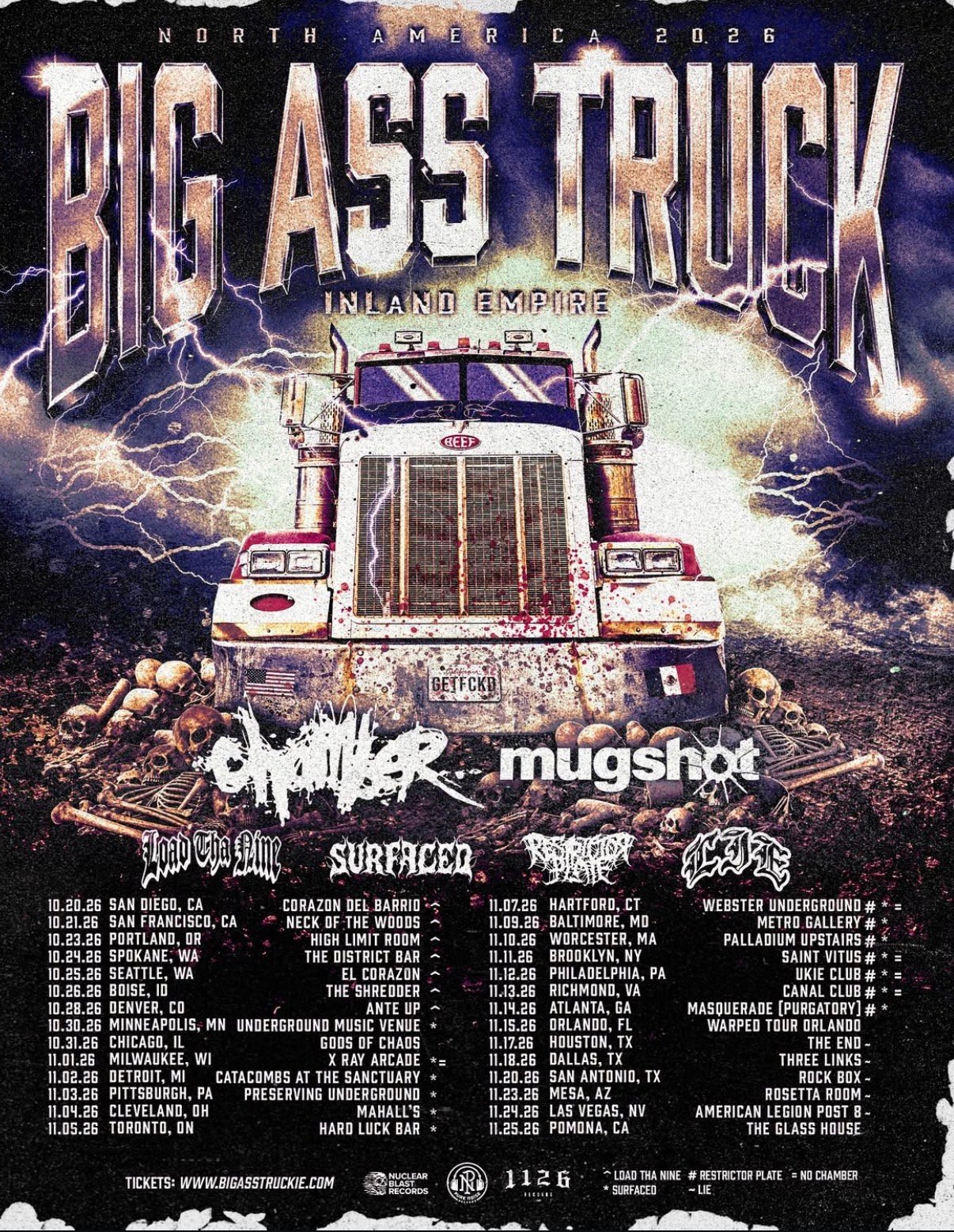 Big Ass Truck I.E. North America 2026 tour poster with Chamber, Mugshot and rotating support