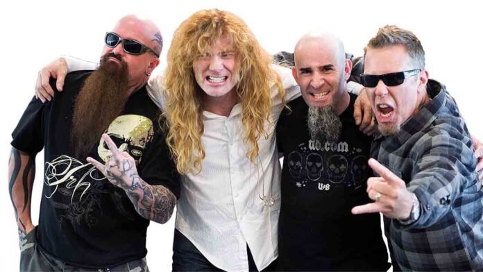 big-four-thrash-press-photo Kerry King, Dave Mustaine, Scott Ian and James Hetfield of the Big Four of thrash metal