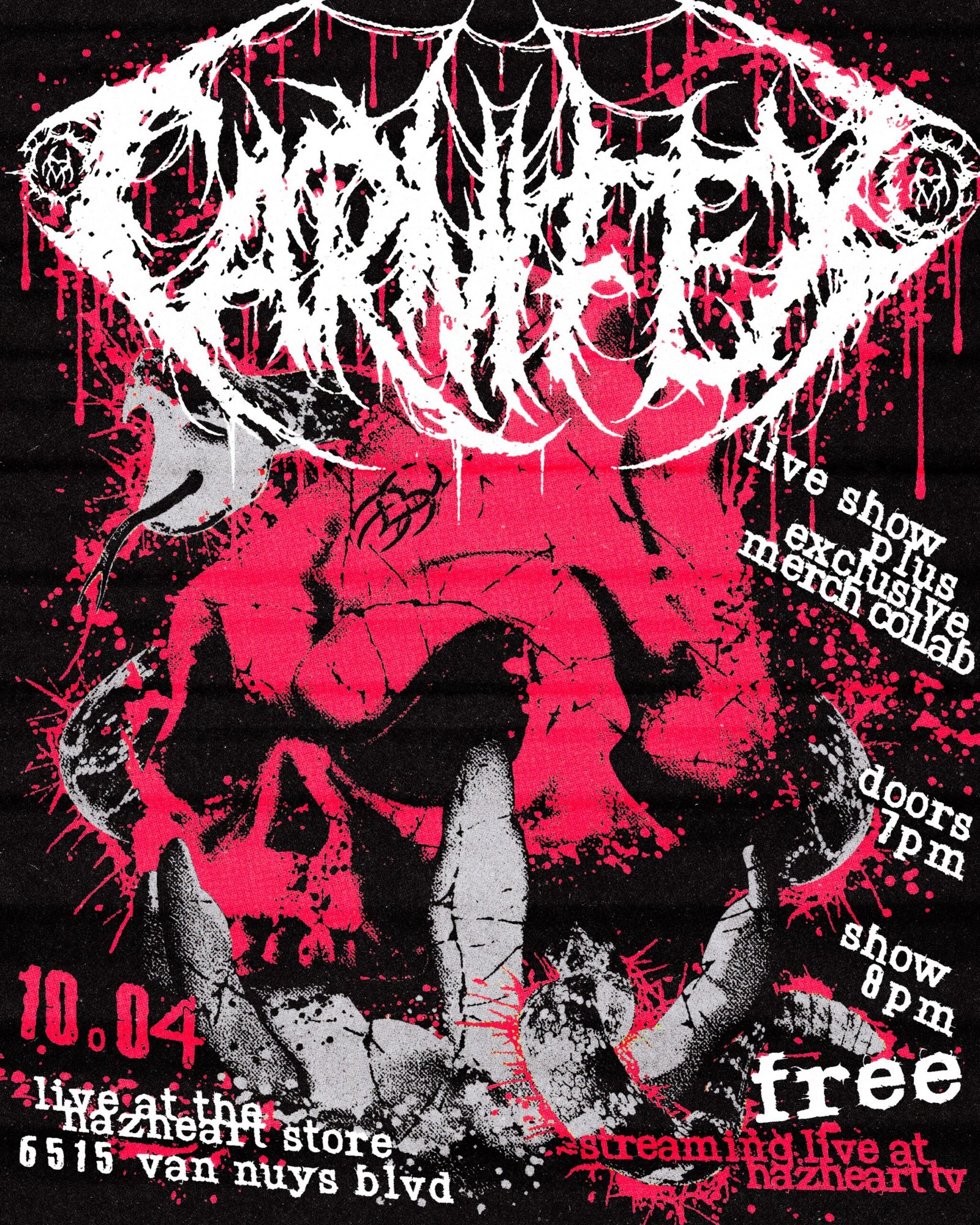 Flyer for the free Carnifex show at the Hazheart store, 6515 Van Nuys Blvd, October 4, doors 7pm, show 8pm