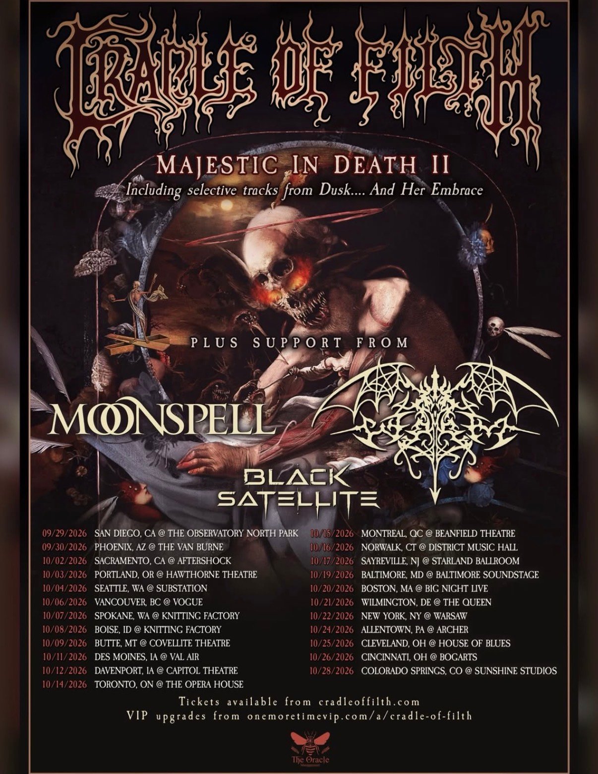 Cradle of Filth Majestic In Death II 2026 tour poster with Moonspell and Black Satellite