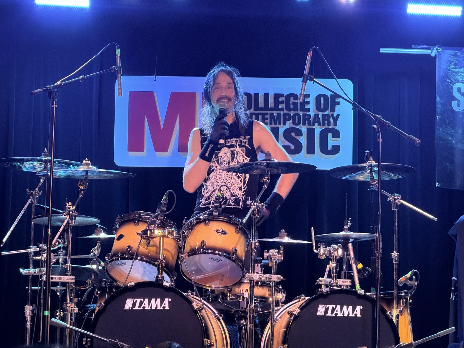 Dirk Verbeuren addressing the crowd at his Musicians Institute drum clinic