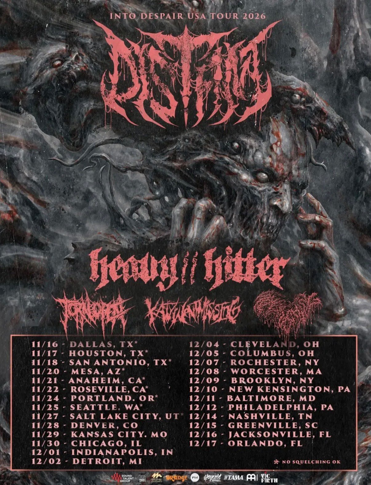 Distant Into Despair USA Tour 2026 poster with Heavy Hitter, Torn Open and Katywentmissing
