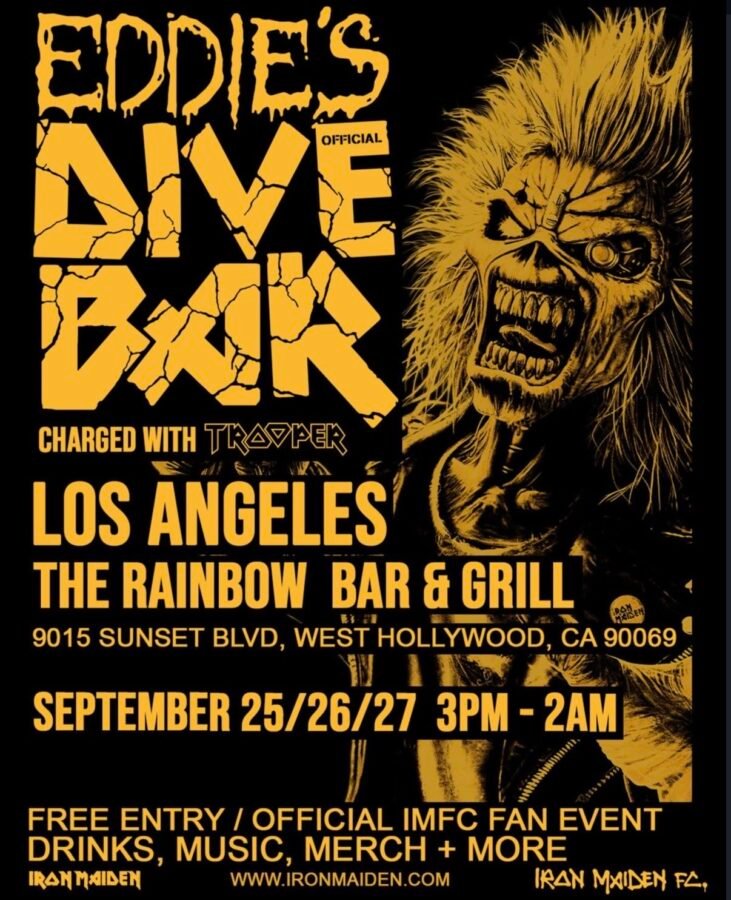 Iron Maiden Eddies Dive Bar Los Angeles flyer for the Rainbow Bar and Grill, September 25 to 27, 3PM to 2AM