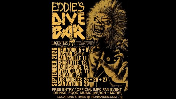 Eddies Dive Bar 2026 US tour poster, Iron Maiden Iron Maiden Eddies Dive Bar 2026 US poster listing September pop-up dates including Los Angeles
