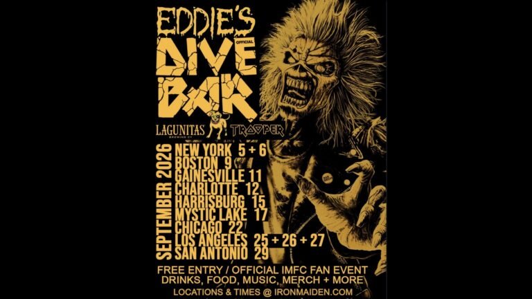 Iron Maiden Eddies Dive Bar 2026 US poster listing September pop-up dates including Los Angeles