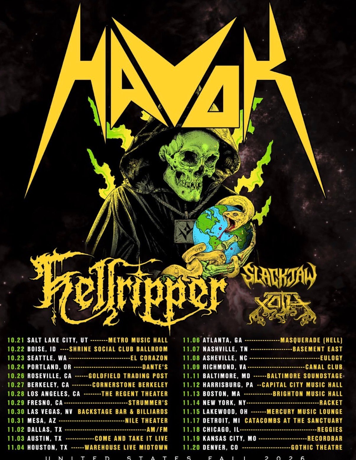 Cartel de la gira norteamericana 2026 de Havok con Hellripper, Slackjaw y Xoth