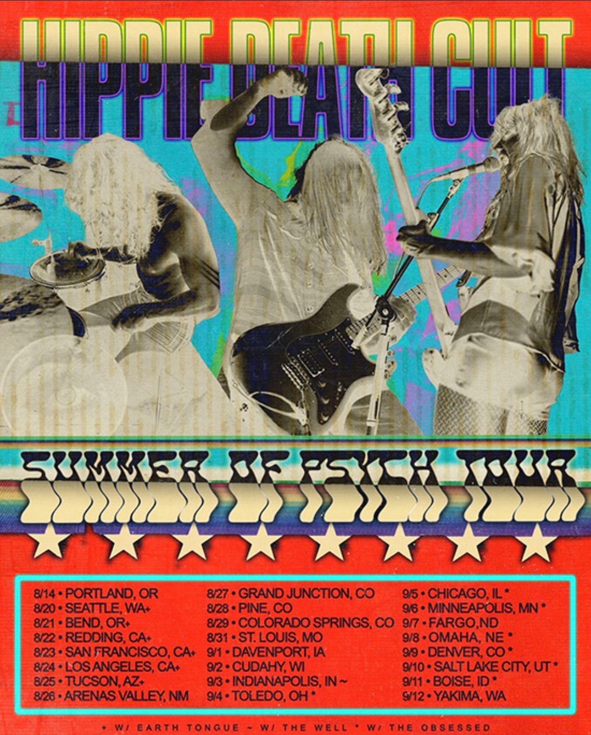 Hippie Death Cult Summer of Psych Tour 2026 poster with Earth Tongue, The Well and The Obsessed