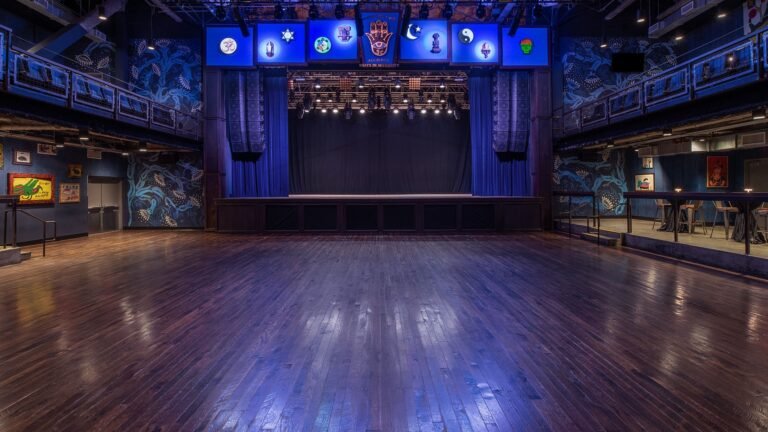 The Music Hall at House of Blues Anaheim, stage and floor with the venue's signature blue folk-art panels above