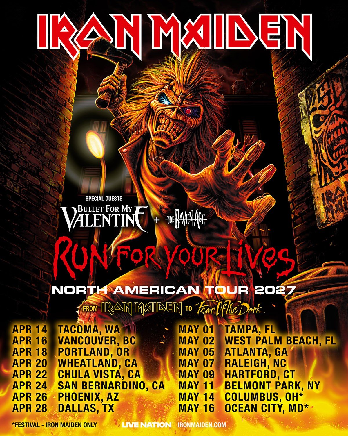 Iron Maiden Run For Your Lives North American Tour 2027 poster with Bullet for My Valentine and The Raven Age, listing all 16 dates
