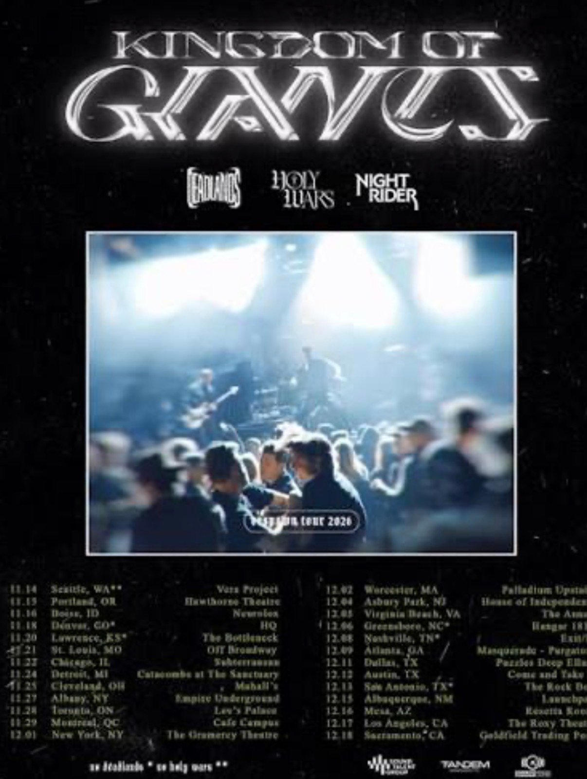 Kingdom of Giants 2026 North American headlining tour poster with Deadlands, Holy Wars and Night Rider
