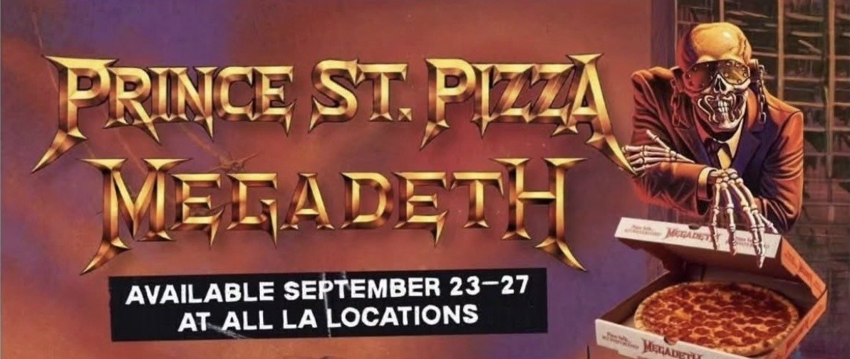 Prince St. Pizza and Megadeth promo art with Vic Rattlehead and a Megadeth pizza box, available September 23-27 at all LA locations