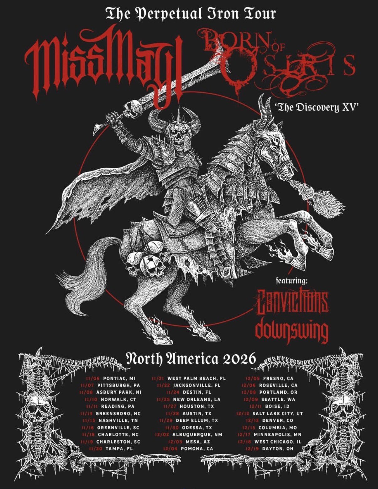 Miss May I and Born of Osiris The Perpetual Iron Tour poster with Convictions and Downswing