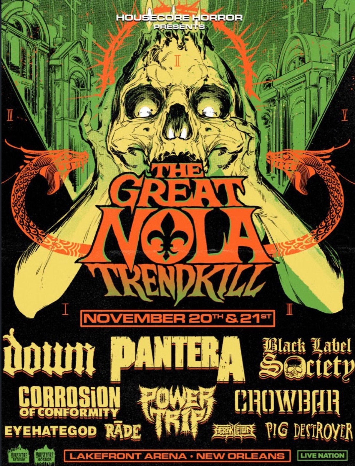 The Great NOLA Trendkill full lineup poster: Pantera, Down, Black Label Society, Corrosion of Conformity, Power Trip, Crowbar, Eyehategod, Pig Destroyer