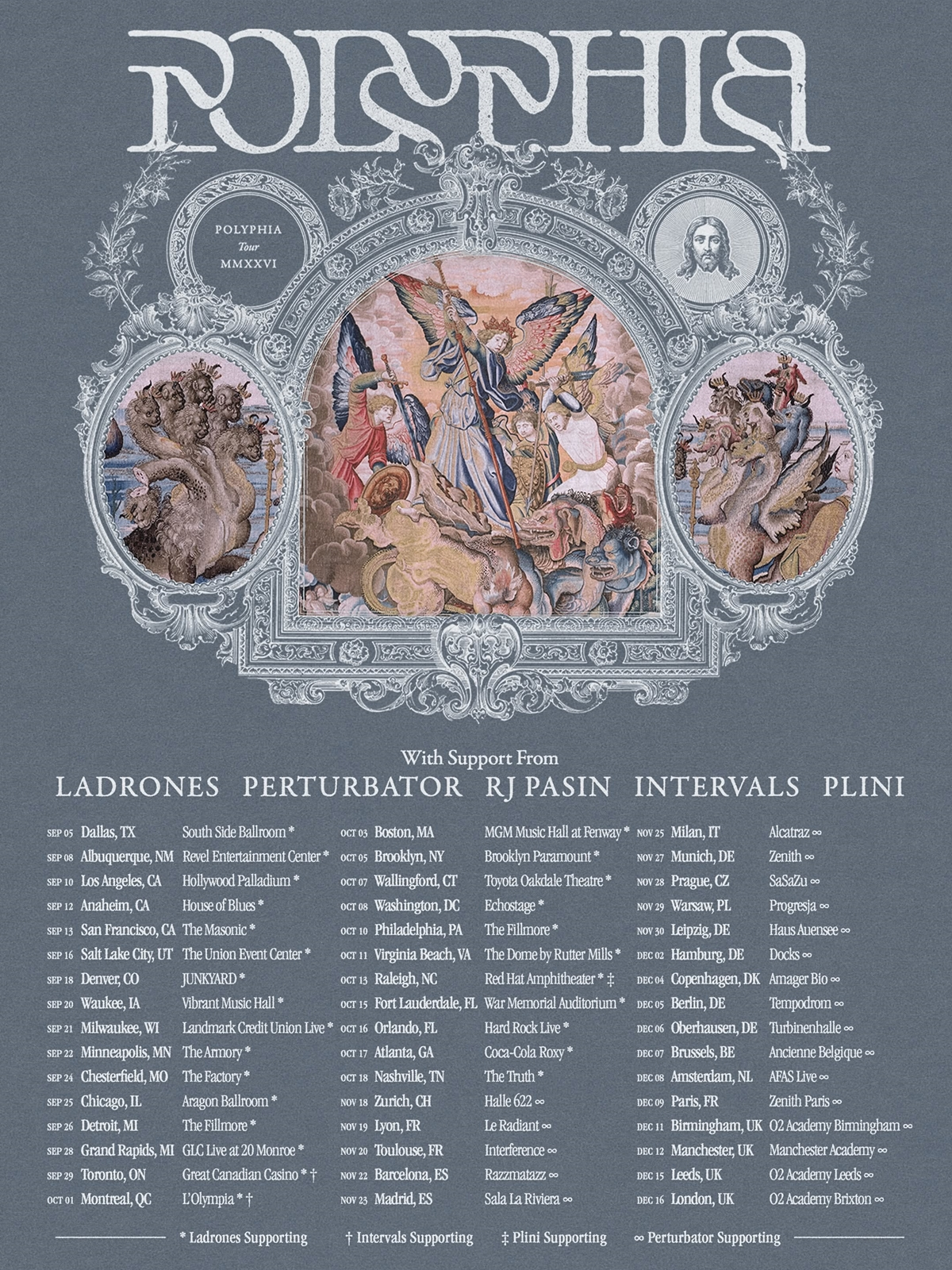 Polyphia 2026 world tour poster listing full North American and European tour dates