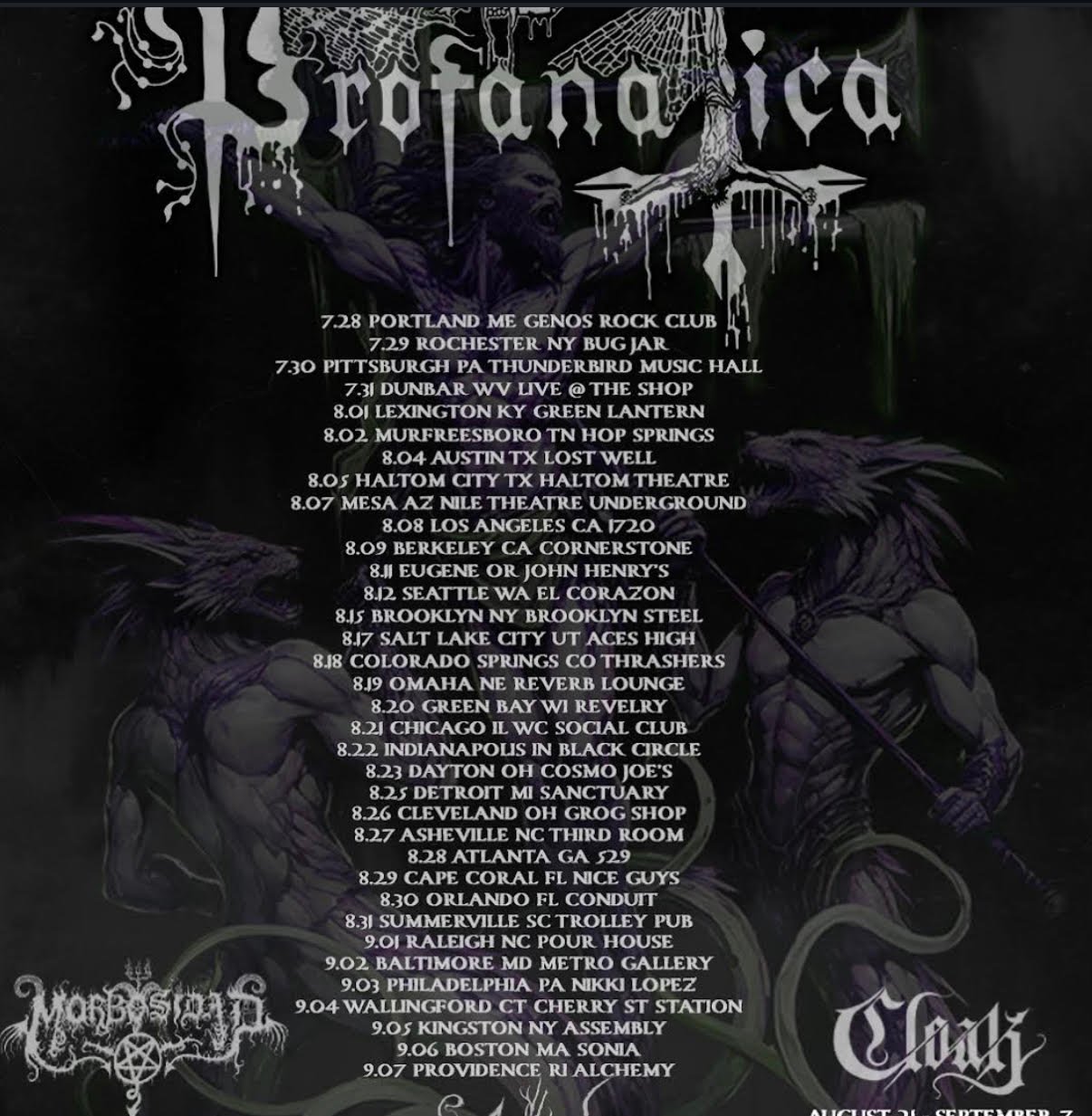 Profanatica Summer 2026 US tour poster with Morbosidad and Cloak