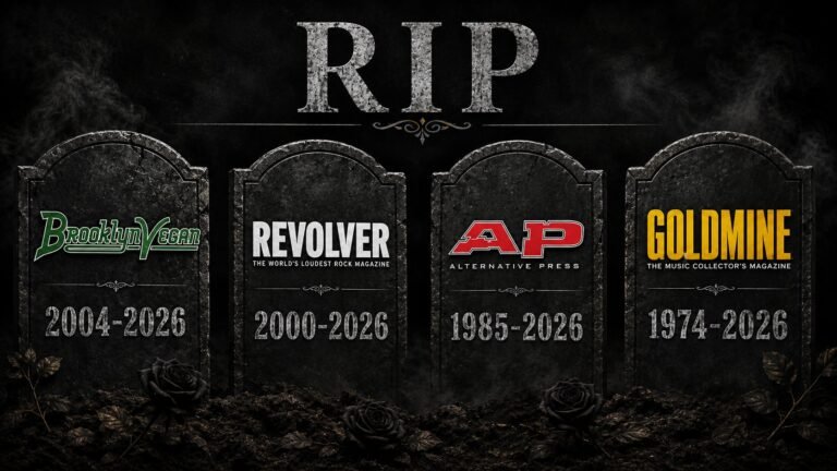 Four headstones bearing the logos of BrooklynVegan, Revolver, Alternative Press and Goldmine with their founding and closing years