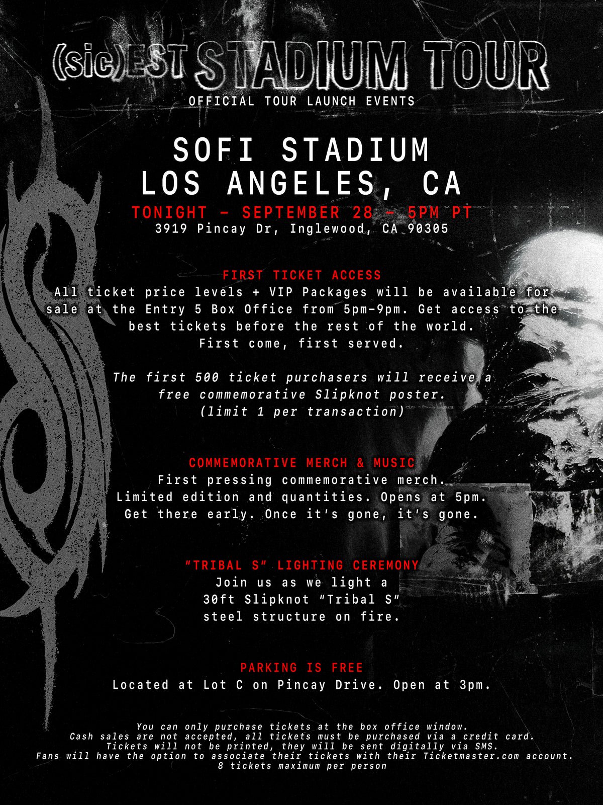 Flyer for the Slipknot (sic)est Stadium Tour launch event at SoFi Stadium, September 28, with first ticket access, merch and the Tribal S lighting ceremony