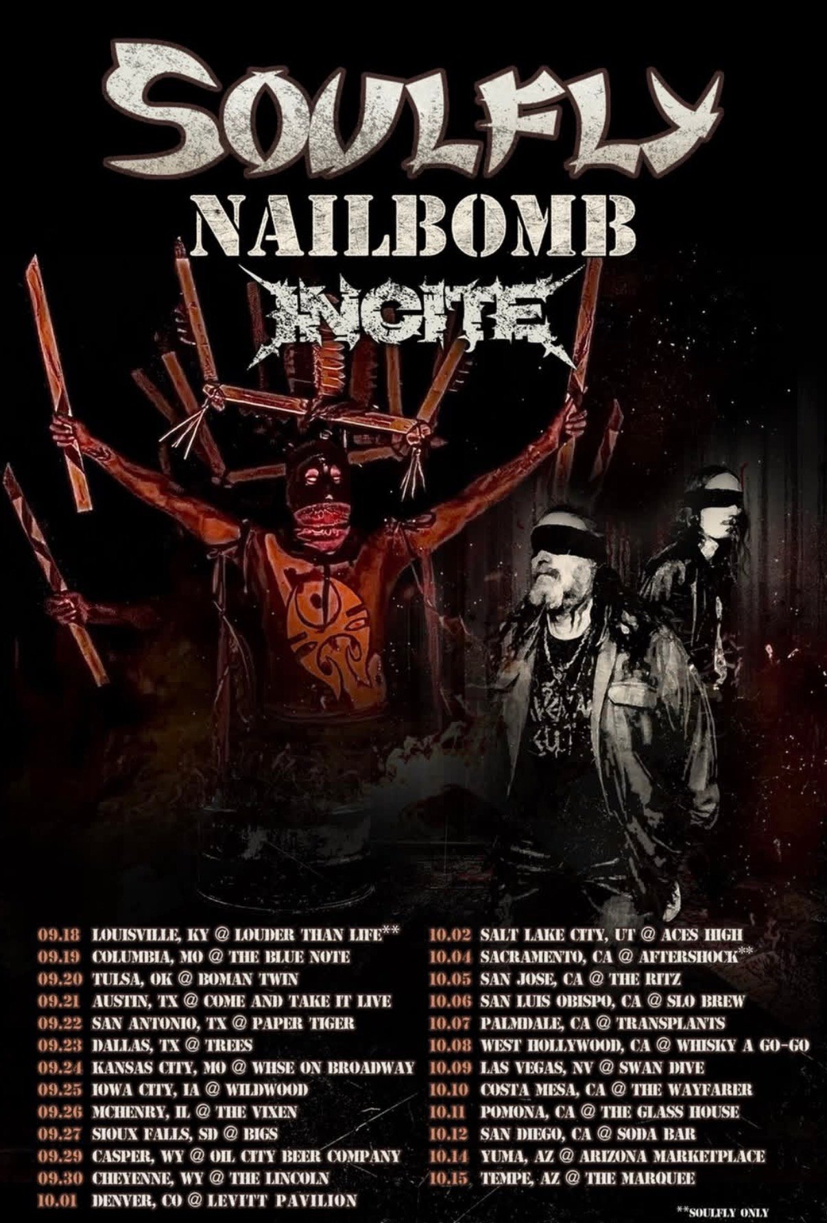 Soulfly 2026 North American tour poster with Nailbomb and Incite