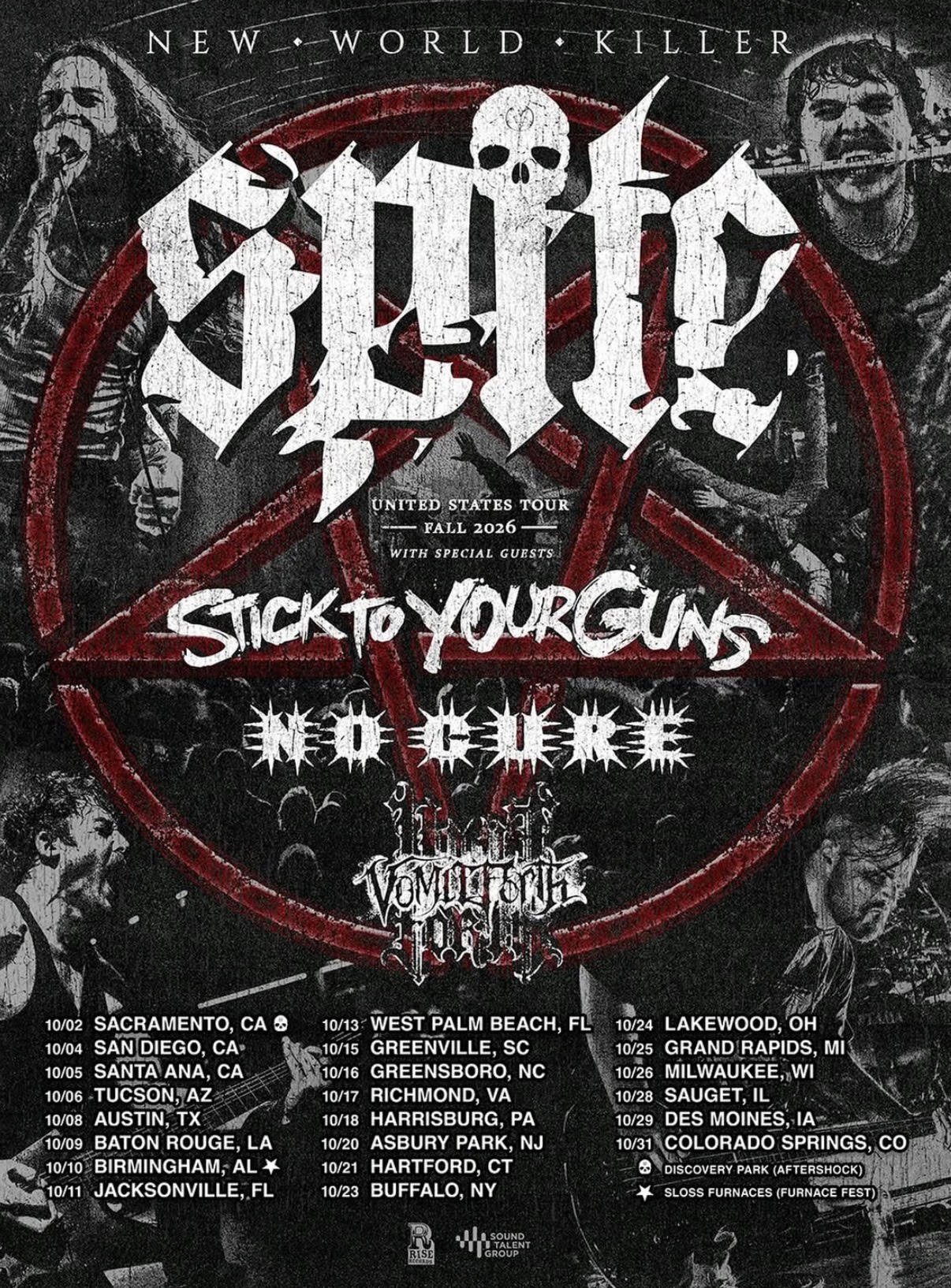 Spite New World Killer fall 2026 US tour poster with Stick To Your Guns, No Cure and Vomit Forth