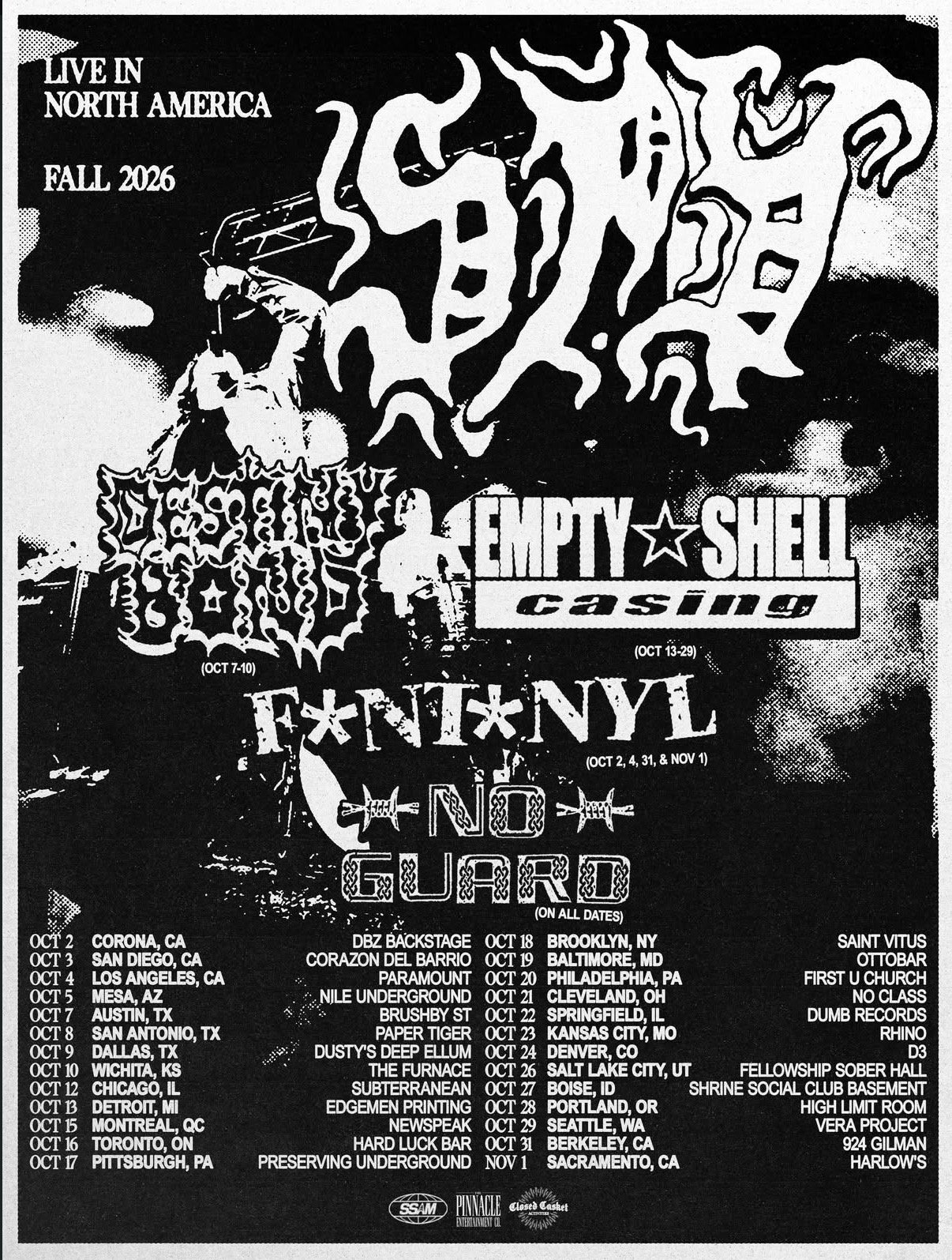 Spy Live In North America Fall 2026 tour poster with No Guard, Destiny Bond and Empty Shell Casing