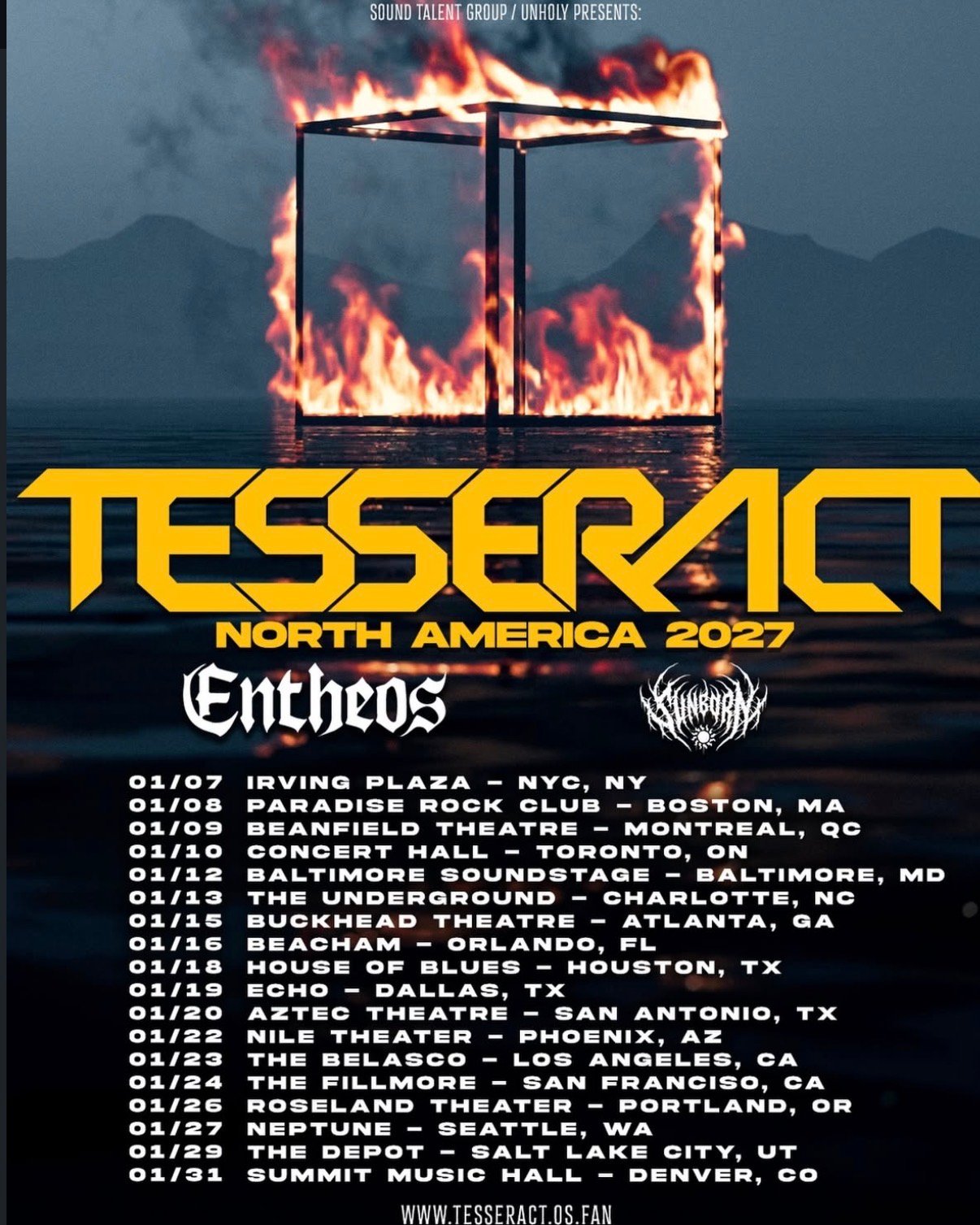 TesseracT North America 2027 tour poster with Entheos and Sunborn