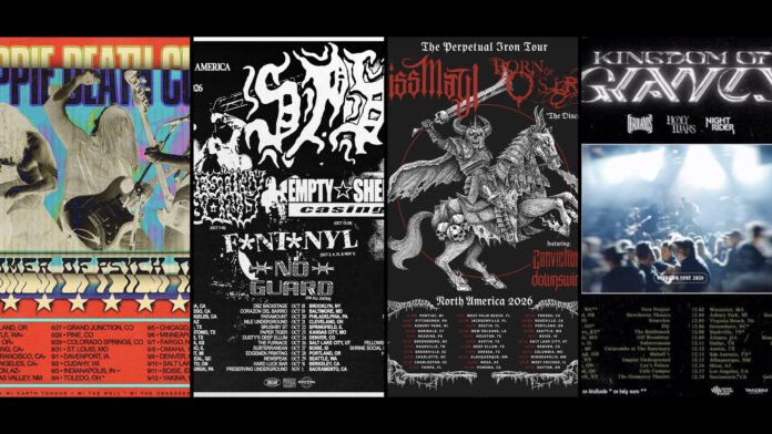 Tour Roundup August 11 2026 featured graphic Tour Roundup August 11 2026 — Hippie Death Cult, Spy, Miss May I and Kingdom of Giants tour posters