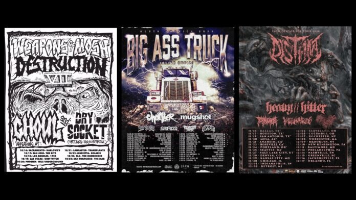 Tour Roundup August 24 2026 featured graphic Tour posters for Ghoul and Dry Socket, Big Ass Truck I.E. and Distant side by side