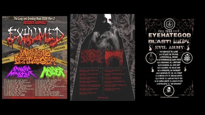 Tour Roundup August 18 2026 featured graphic Tour posters for Exhumed, Xasthur and Eyehategod side by side