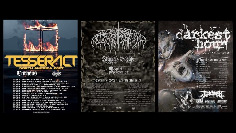 Tour posters for TesseracT, Wolves In The Throne Room and Darkest Hour 2026-2027 North American tours side by side