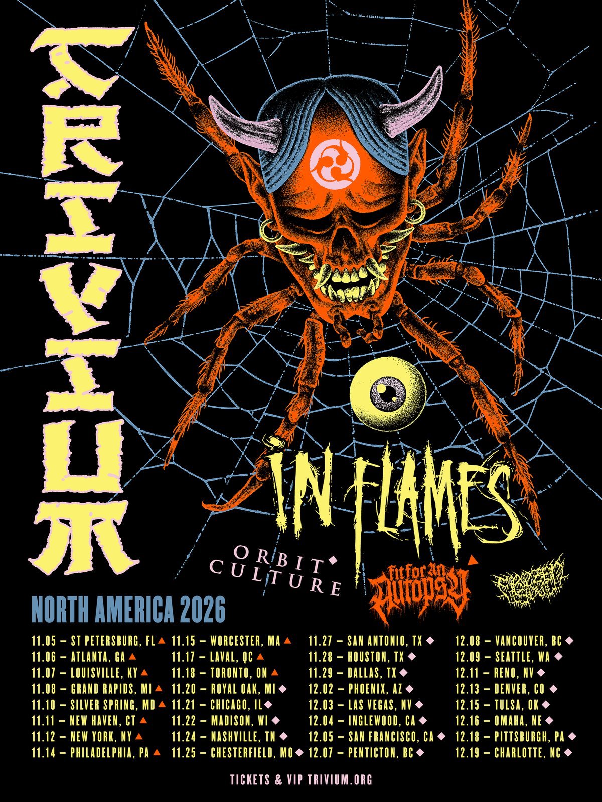 Trivium The Crown in The Grave 2026 North American tour poster with In Flames, Orbit Culture, Fit For An Autopsy and Frozen Soul