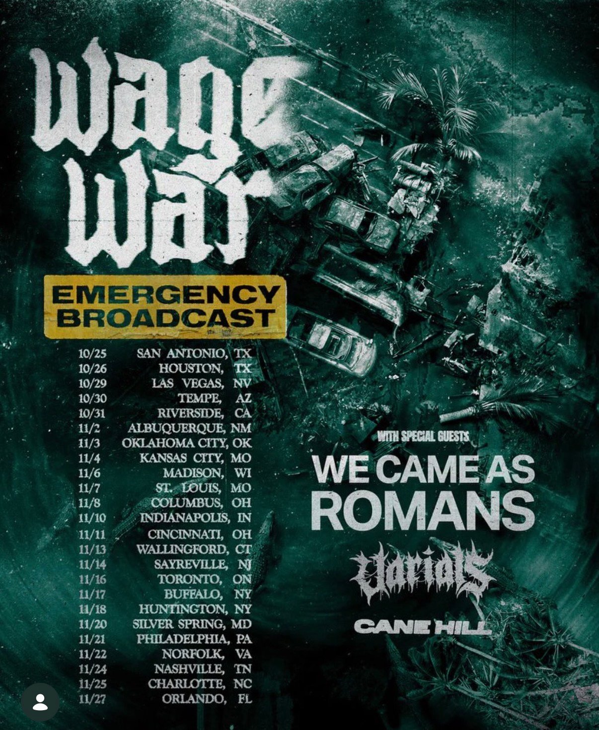 Wage War Emergency Broadcast fall 2026 tour poster with We Came As Romans, Varials, Cane Hill
