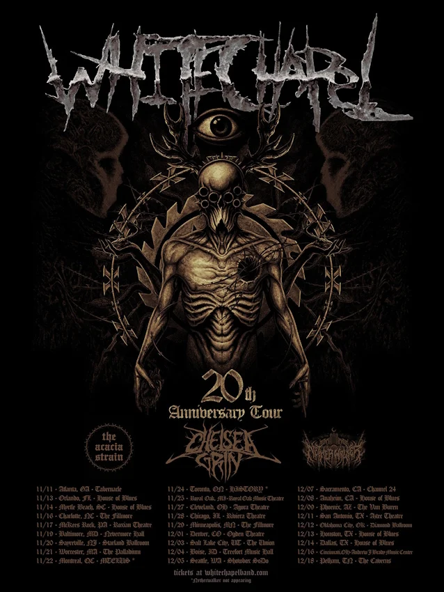 Whitechapel 20th Anniversary Tour 2026 poster with full North American routing