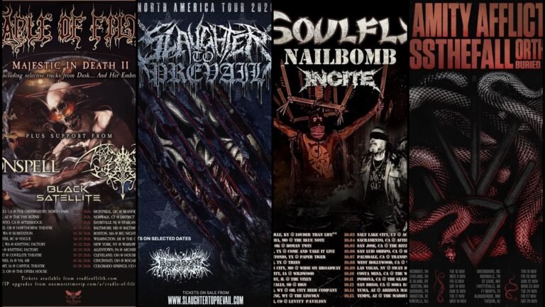 Tour Roundup: July 14, 2026 Fall 2026 tour posters for Cradle of Filth, Slaughter to Prevail, Soulfly and The Amity Affliction